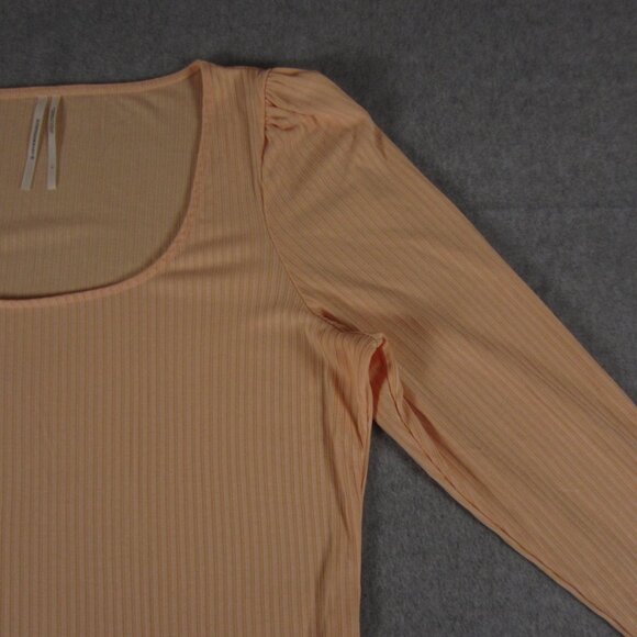 ANTHROPOLOGIE Top Women Size Large Peach Ribbed‎ Knit Puff Shoulder Long Sleeve - Picture 4 of 13
